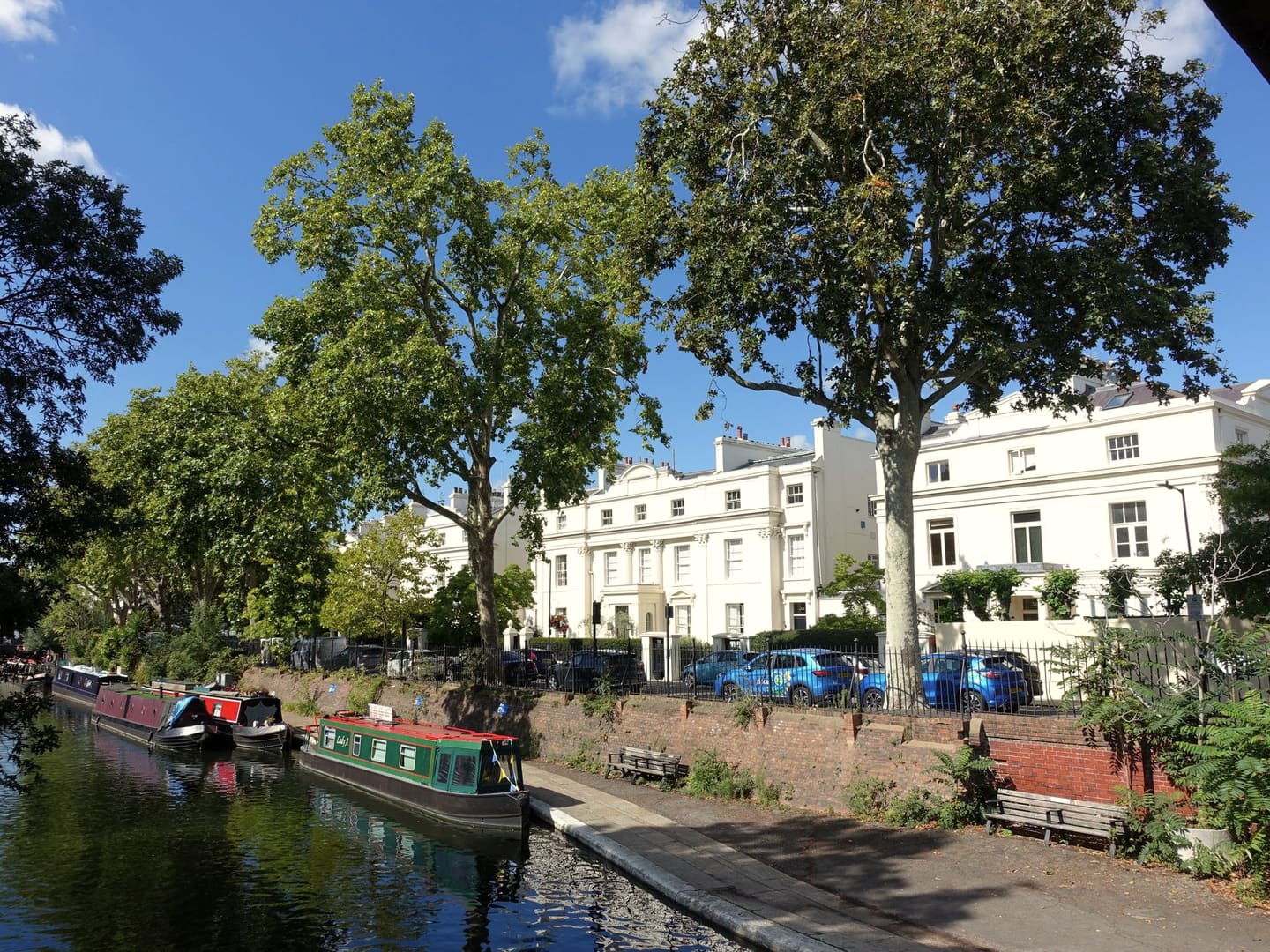 Narrowboats and white stucco terraces at Little Venice